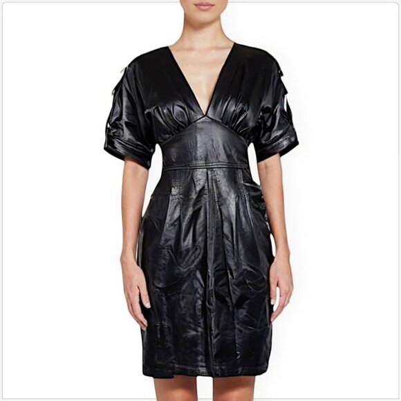 Hugo Boss 100% Leather Lambskin Black Empire Waist Buckles Pockets Dress XS - Picture 1 of 8